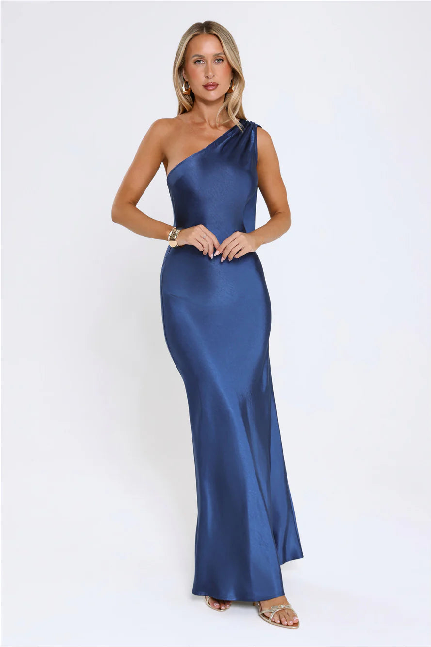 The Diamond Soir茅e Halter Satin Maxi Dress Navy